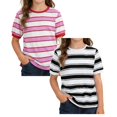 thumbnail image 1 of SGMVNU 2 Pack Summer Shirts for Girls Short Sleeve Crewneck Color Block Striped Tops Casual Loose Kids Clothes, Size 9-10 Years, Pink & White, 1 of 6