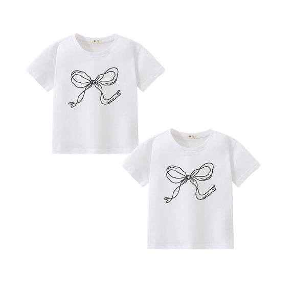 SGMVNU 2 Pack T Shirts for Girls Short Sleeve Crewneck Bowknot Printed Cotton Basic Tops Casual Soft Summer Clothes, Size 18 24 Months, White 2PCS