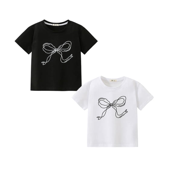 SGMVNU 2 Pack T Shirts for Girls Short Sleeve Crewneck Bowknot Printed Cotton Basic Tops Casual Soft Summer Clothes, Size 4-5 Years, Black & White