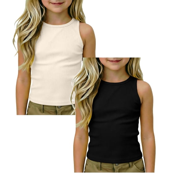 SGMVNU 2 Pack Tank Tops for Girls Summer Casual Fitted Sleeveless Ribbed Shirts Crewneck Racerback Athletic Tees, Size 9-10 Years, Black & Beige