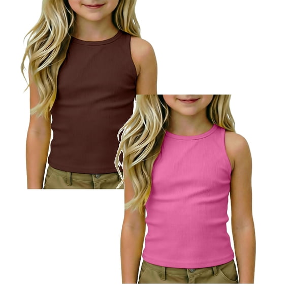 SGMVNU 2 Pack Tank Tops for Girls Summer Casual Fitted Sleeveless Ribbed Shirts Crewneck Racerback Athletic Tees, Size 9-10 Years, Hot Pink & Brown