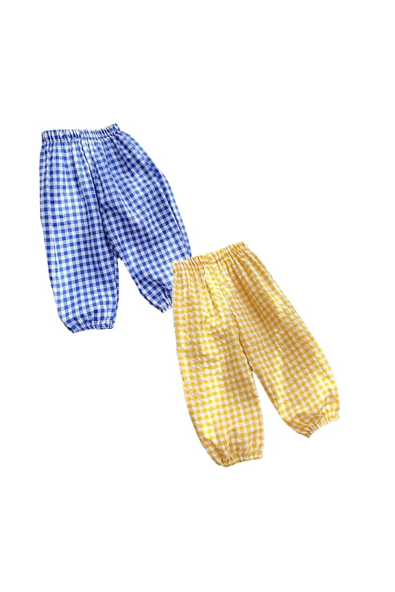 2 Pack Toddler Baby Boy Girl Gingham Plaid Pants Casual Lightweight Elastic Waist Long Bloomers Trousers, Size 4-5 Years, Yellow, Blue