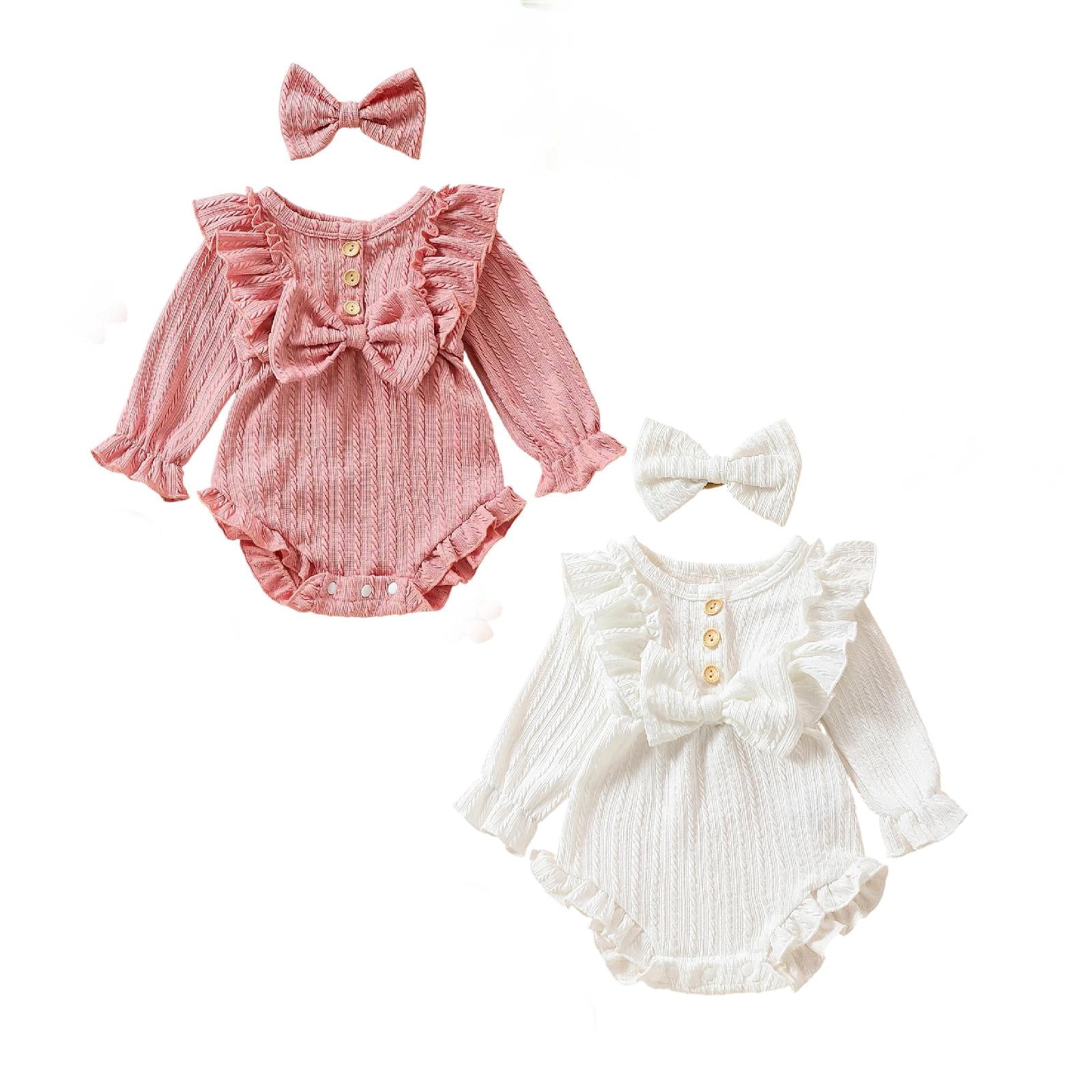 SGMVNU 2-pack Baby Girls Clothes Ruffle Bowknot Bodysuits with Bow Hairband Long Sleeve Button Romper Jumpsuits Outfits Age 3-6 Months, Set C