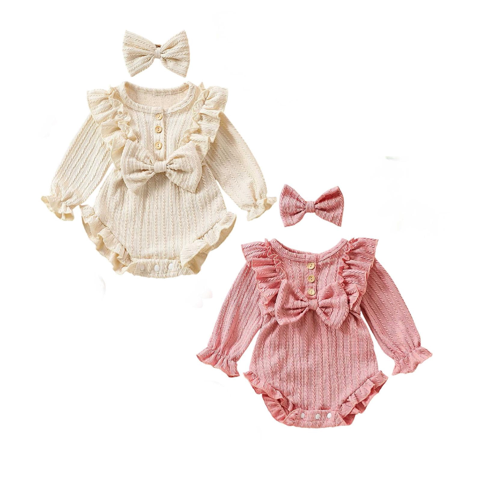 SGMVNU 2-pack Baby Girls Clothes Ruffle Bowknot Bodysuits with Bow Hairband Long Sleeve Button Romper Jumpsuits Infant Outfits Age 6-9 Months, Set A