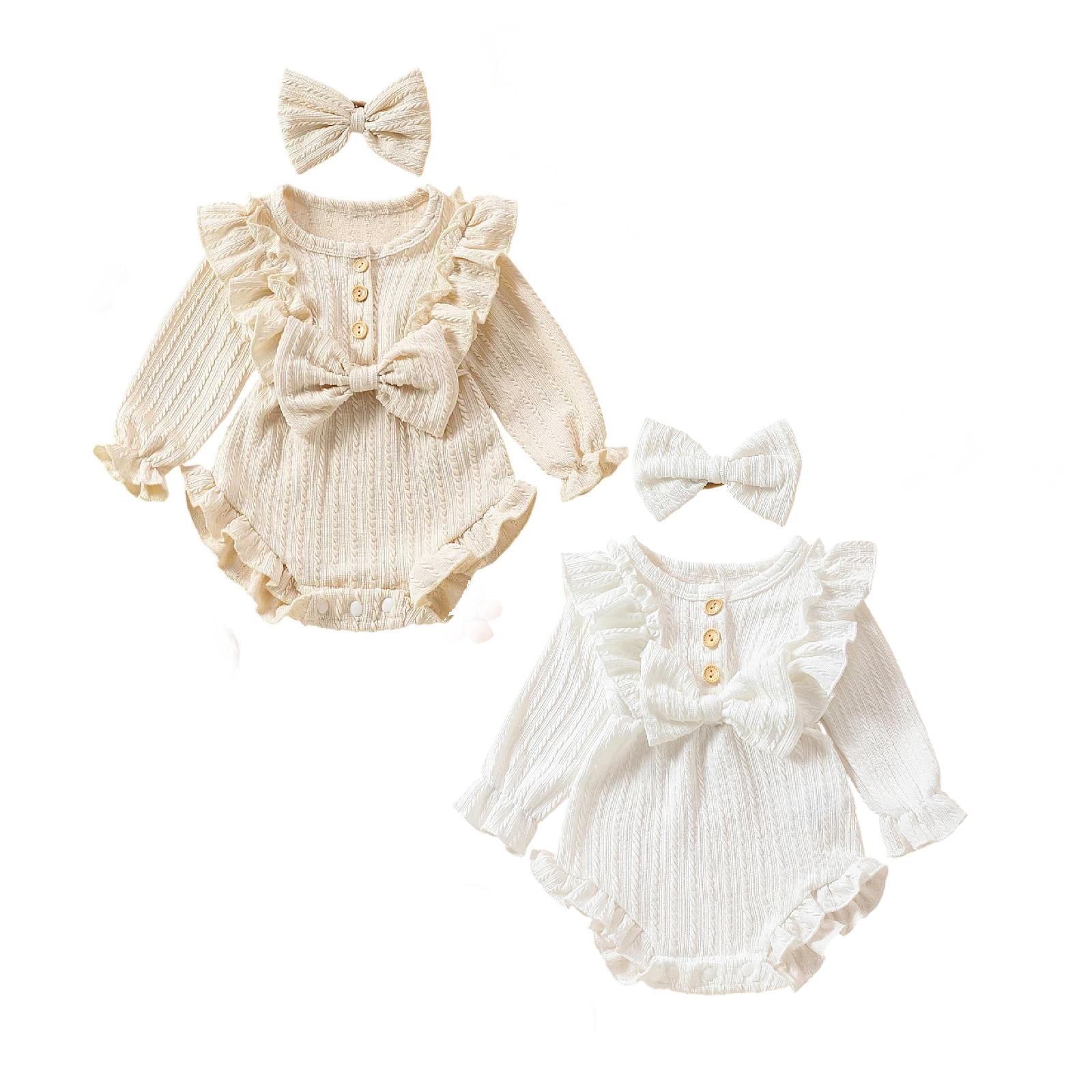 SGMVNU 2-pack Baby Girls Clothes Ruffle Bowknot Bodysuits with Bow Hairband Long Sleeve Button Romper Jumpsuits Outfits Age 9-12 Months, Set B