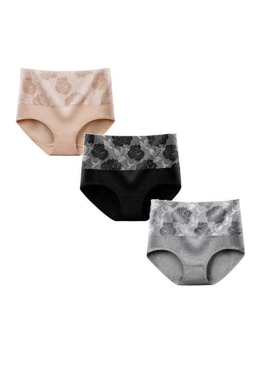 3 Pack Cotton Underwears for Women Rose Jacquard High Waisted Panties Soft Breathable Ladies Briefs, Size 5XL, Black, Grey, Beige