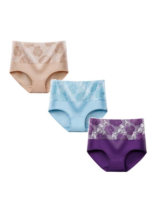3 Pack Cotton Underwears for Women Rose Jacquard High Waisted Panties Soft Breathable Ladies Briefs, Size L, PP1, Blue, Beige