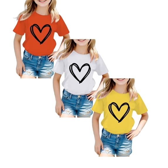 SGMVNU 3 Pack Girls Short Sleeve T Shirts Heart Printed Shirt Casual Loose Fit Crew Neck Cotton Tops Summer Shirt , Size 3-4 Years