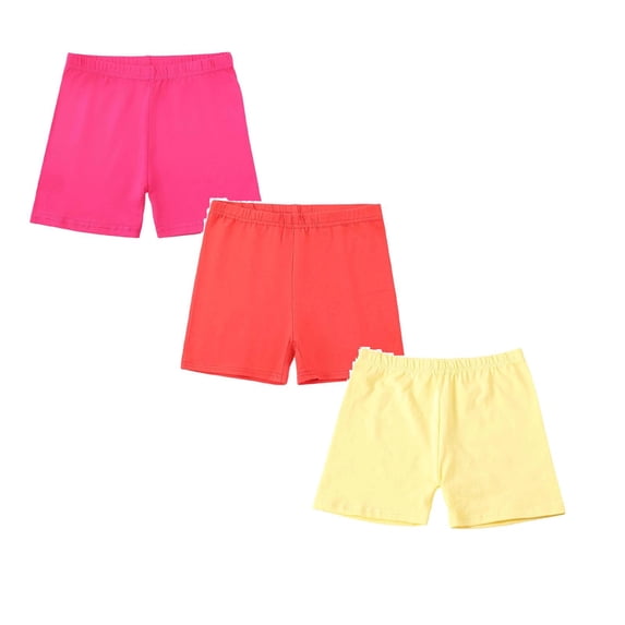 SGMVNU 3 Pack Summer Cotton Shorts for Girls Elastic Waist Strench Biker Shorts Casual Pull-on Athletic Shorts, 11-12 Years, Yellow, Red A, Hot Pink