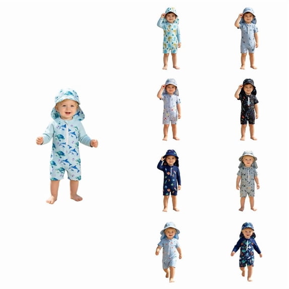 SGMVNU Baby Boys 1 Piece Swimsuit with Swim Cap Cartoon Print Swimwear for Summer Front Zipper Long Sleeve Swim Suit Blue-4 Size 6-12 Months