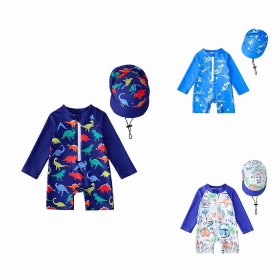 SGMVNU Baby Boys Swimwear Print Zip Up 1 Piece Swimsuit with Swim Cap Sun Rashguard for Beach Pool Dark Blue Size 6-12 Months