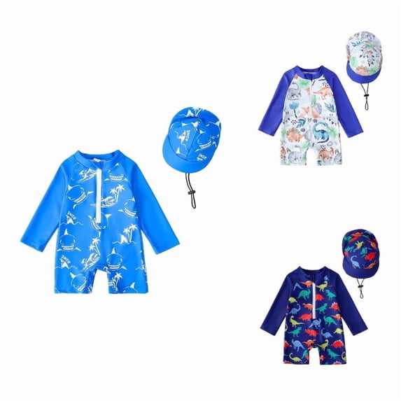 SGMVNU Baby Boys Swimwear Print Zip Up 1 Piece Swimsuit with Swim Cap Sun Rashguard for Beach Pool Sky Blue Size 12-18 Months