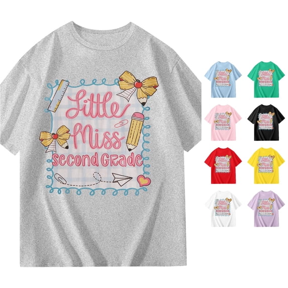 SGMVNU Back to School Shirts for Kids Girls Second Grade Cute Graphic Tee Shirt Short Sleeve Crewneck Casual Top, Size 11-12 Years, Grey