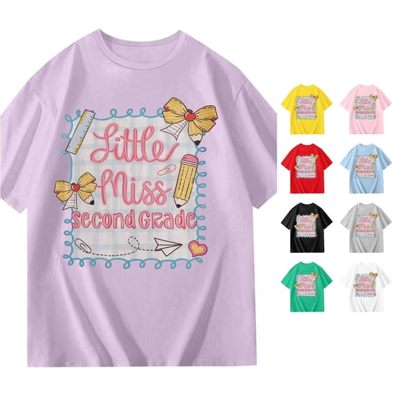 SGMVNU Back to School Shirts for Kids Girls Second Grade Cute Graphic Tee Shirt Short Sleeve Crewneck Casual Top, Size 5-6 Years, Purple