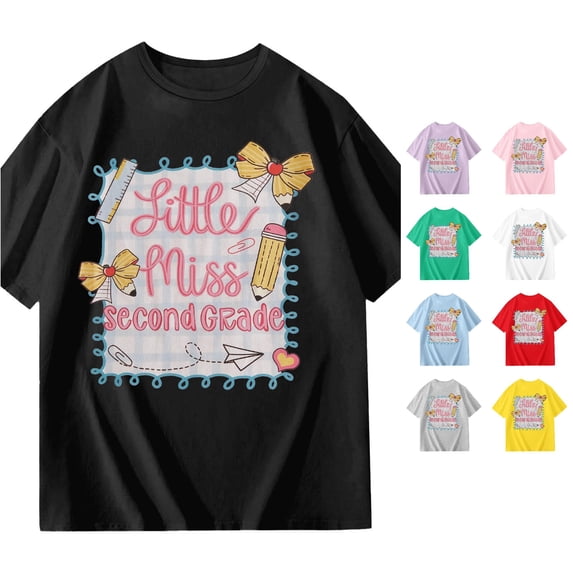 SGMVNU Back to School Shirts for Kids Girls Second Grade Cute Graphic Tee Shirt Short Sleeve Crewneck Casual Top, Size 9-10 Years, Black