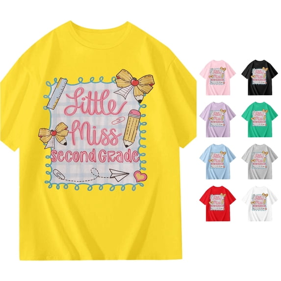 SGMVNU Back to School Shirts for Kids Girls Second Grade Cute Graphic Tee Shirt Short Sleeve Crewneck Casual Top, Size 9-10 Years, Yellow