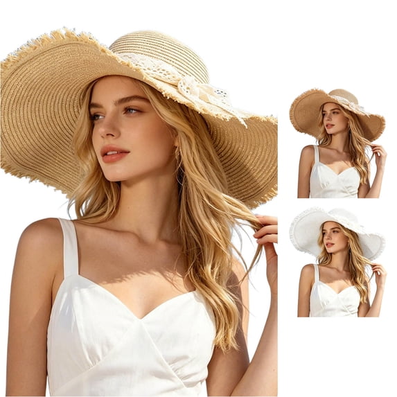 SGMVNU Beach Sun Hats for Women with Lace Bowknot, Floppy Wide Brim Boho Straw Hat Packable Foldable for Summer Travel Vacation, One Size, Beige