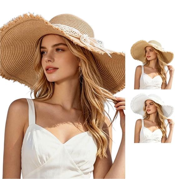 SGMVNU Beach Sun Hats for Women with Lace Bowknot, Floppy Wide Brim Boho Straw Hat Packable Foldable for Summer Travel Vacation, One Size, Khaki