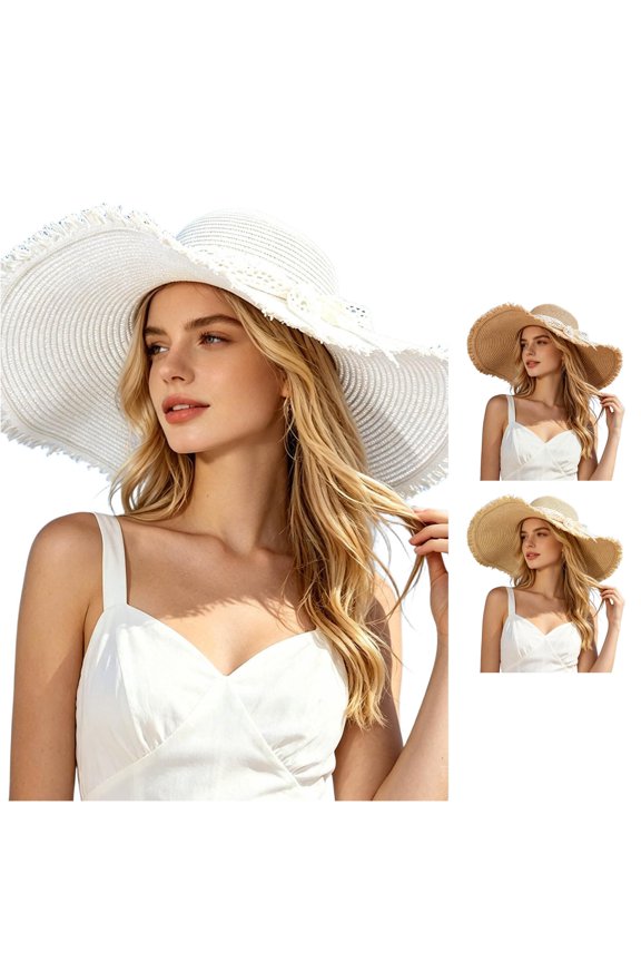 Beach Sun Hats for Women with Lace Bowknot, Floppy Wide Brim Boho Straw Hat Packable Foldable for Summer Travel Vacation, One Size, White
