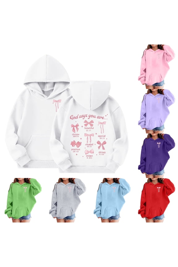 Bow Graphic Hoodies for Girls Cute Sweatshirt Soft Comfortable Fall Winter Kids Clothes with Pocket, Size11-12 Years, ku1-White