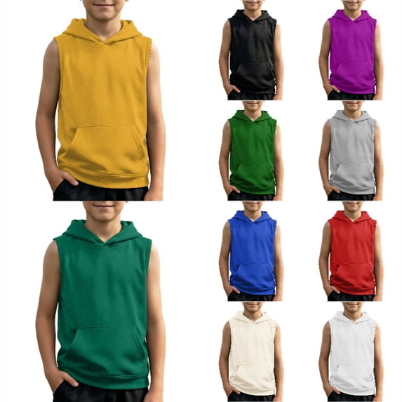 SGMVNU Boy's Sleeveless Hooded Tank Tops, Kids Solid Color Athletic Muscle Tees, Quick Dry Breathable Workout & Casual Summer Tops for Boys Yellow 10-11 Years