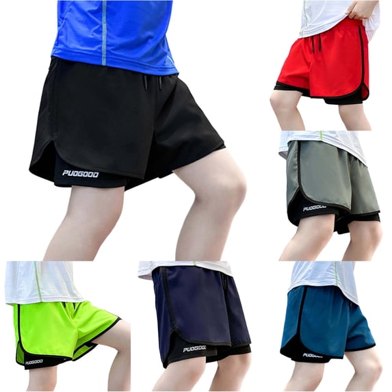 SGMVNU Boys Athletic Shorts with Liner, Lightweight Breathable 2 in 1 Running Cycling Sports Shorts Workout Gym Shorts, Size 7-8 Years, Black