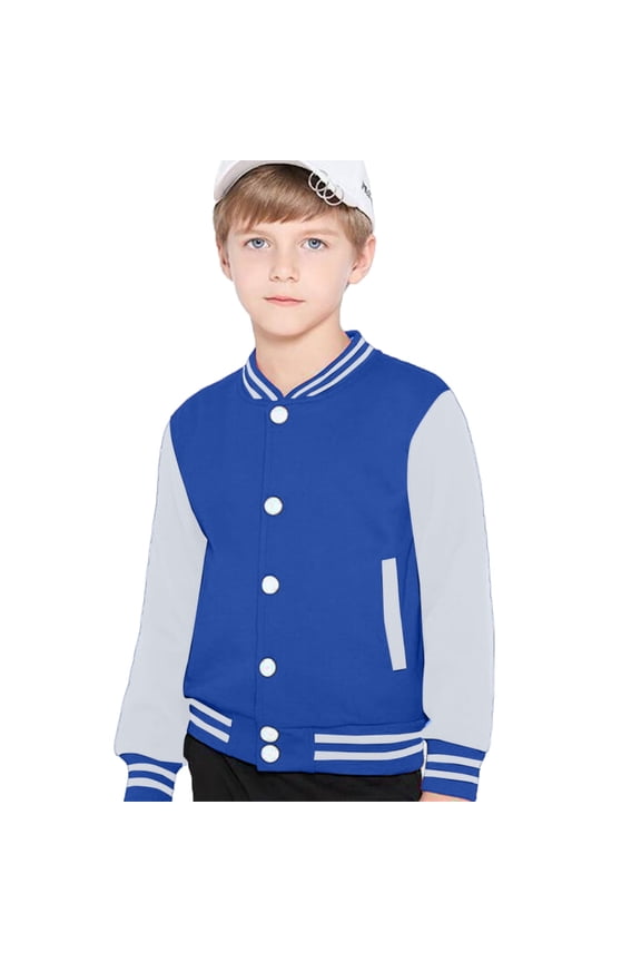Boys Bomber Jackets Fashion Button Down Baseball Jacket, Plain Button Cardigan School Coat, Casual Fit Bomber Jacket for Spring Fall Outerwear, Blue, 7-8 Years