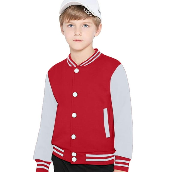 SGMVNU Boys Bomber Jackets Fashion Button Down Baseball Jacket, Plain Button Cardigan School Coat, Casual Fit Bomber Jacket for Spring Fall Outerwear, Red, 9-12 Years