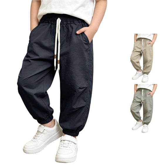 SGMVNU Boys' Cargo Pants Drawstring Waistband Joggers Kids Lightweight Cotton Track Trousers with Pockets, Size 4-5 Years, Black