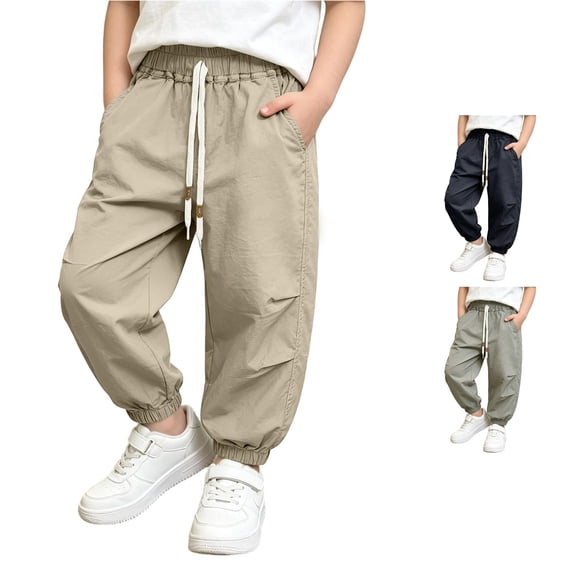 SGMVNU Boys' Cargo Pants Drawstring Waistband Joggers Kids Lightweight Cotton Track Trousers with Pockets, Size 4-5 Years, Khaki