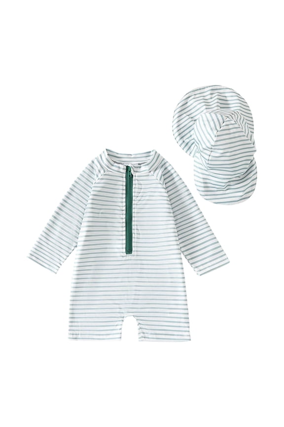 Boys Full Coverage Swimsuit with Hat Boys Bathing Suit Size 8 Rash Guard Swimwear Short Sleeve Zipper Kids Two Piece Bathing Suits,Size 3-6 Months,Green-B