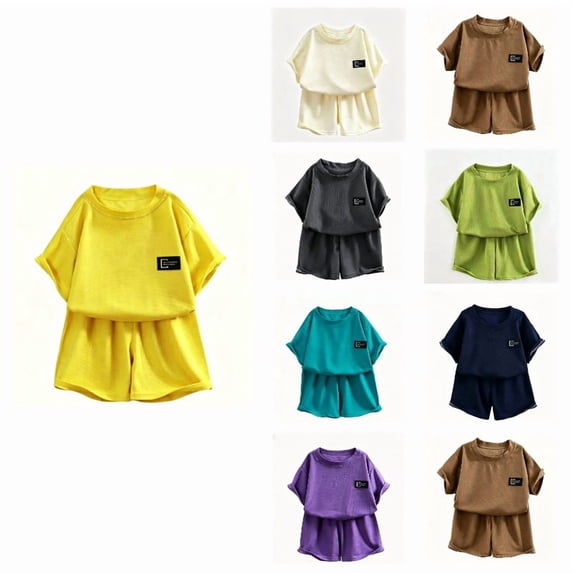 SGMVNU Boys Girls 2 Piece Outfits Casual Loose Short Sleeve T-Shirt and Matching Sports Shorts Kids Summer Outdoor Play Set, Size 11-12 Years, Yellow
