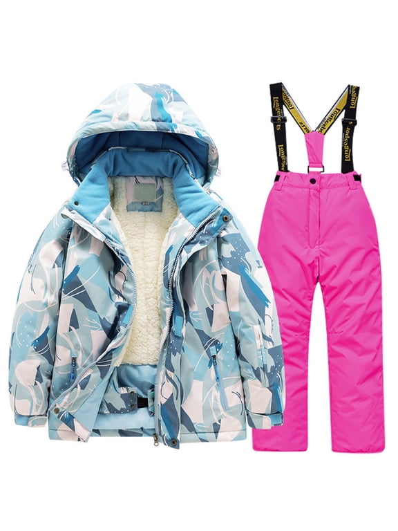 Boys Girls 2-Piece Snowsuit Thicken Patterned Ski Jackets and Pants Snowbibs Winter Snowboard Outfits for Kids Size 14-16 Years Hot Pink