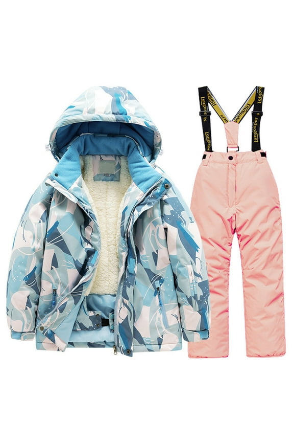 Boys Girls 2-Piece Snowsuit Thicken Patterned Ski Jackets and Pants Snowbibs Winter Snowboard Outfits for Kids Size 8-10 Years Pink