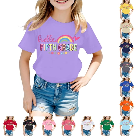 SGMVNU Boys Girls Fifth Grade T Shirts Short Sleeve Crew Neck Cute Printed Tees Back to School Casual Tops, Size 12-13 Years, Purple