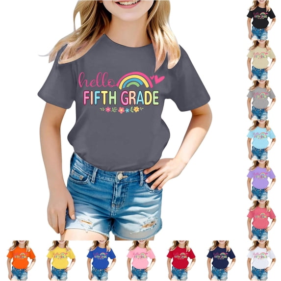 SGMVNU Boys Girls Fifth Grade T Shirts Short Sleeve Crew Neck Cute Printed Tees Back to School Casual Tops, Size 4-5 Years, Dark Gray