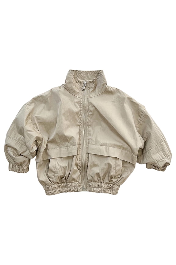 Boys Girls Lightweight Cropped Jacket Spring Fall Water-Resistant Windproof Stand Collar Rain Coat for Toddler Kids, Transitional Late Spring/Early Fall Jackets, Khaki, 6-7 Years
