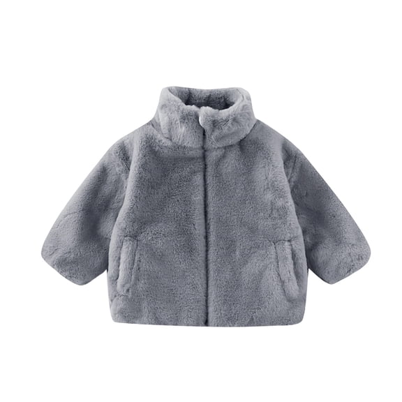 SGMVNU Boys Girls Sherpa Coats for Winter Autumn, Long Sleeve Full Zip Kids Jacket with Pockets, Full Zipper Warm Coats for Kids, Grey, 12-18 Months