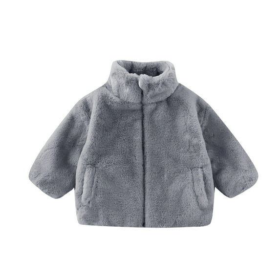 SGMVNU Boys Girls Sherpa Coats for Winter Autumn, Long Sleeve Full Zip Kids Jacket with Pockets, Full Zipper Warm Coats for Kids, Grey, 5-6 Years