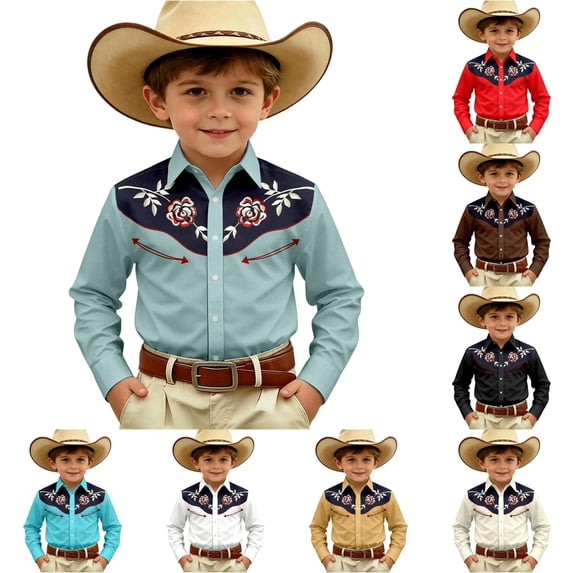 SGMVNU Boys Girls Vintage Western Cowboy Shirt Retro Long Sleeve Button Down Fitted Dress Shirt Halloween, Size 4-5 Years, Army Green