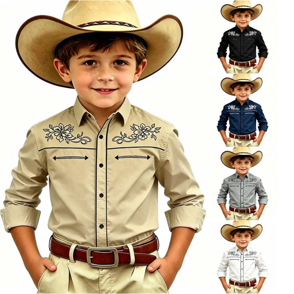SGMVNU Boys Girls Western Cowboy Shirts Retro Long Sleeve Button Down Shirt Kids Fashion Cowboy Outfit for Halloween, Size 6-7 Years, Khaki