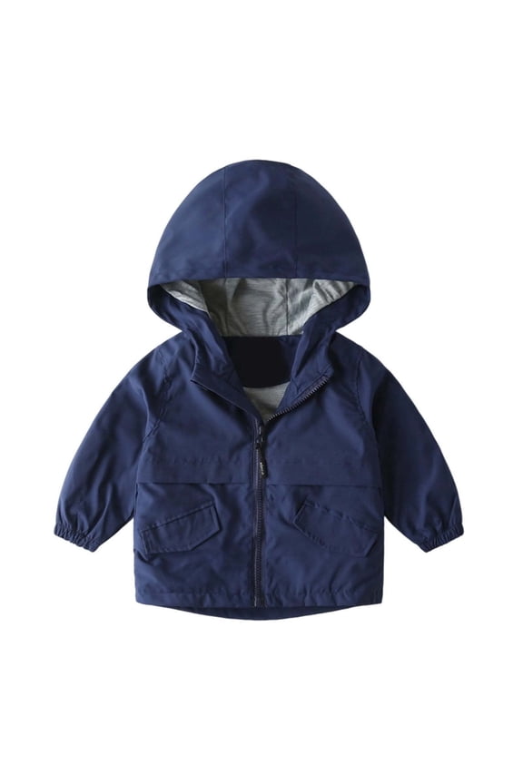 Boys' Hooded Jacket with Pockets Lightweight Waterproof Windbreaker for Kids, Toddler Spring Fall Outfits Zip up Thin Outwear Coats , Dark Blue, 18-24 Months