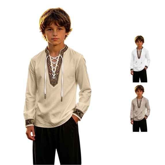 SGMVNU Boys Linen Medieval Renaissance Lace Up V Neck Long Sleeve Ethnic Trimmed Stage Halloween Costume Shirt, Size 15-16 Years, Beige
