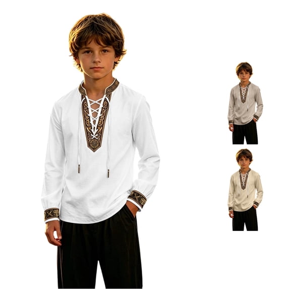 SGMVNU Boys Linen Medieval Renaissance Lace Up V Neck Long Sleeve Ethnic Trimmed Stage Halloween Costume Shirt, Size 15-16 Years, White