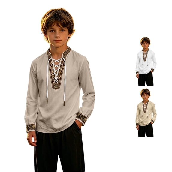 SGMVNU Boys Linen Medieval Renaissance Lace Up V Neck Long Sleeve Ethnic Trimmed Stage Halloween Costume Shirt, Size 7-8 Years, Khaki