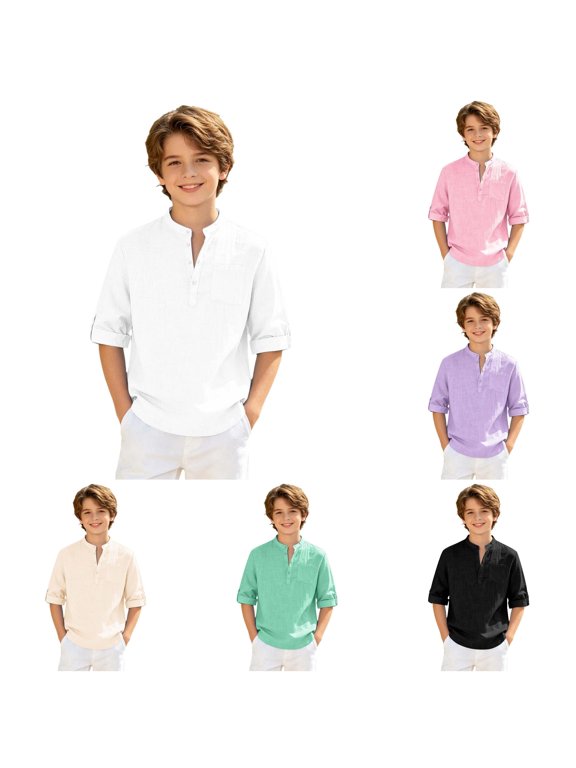 Boys Linen Shirt Roll up Long Sleeve Button Down Blouse Loose Fit Lightweight Tops with Chest Pocket, Size 4-5 Years, White