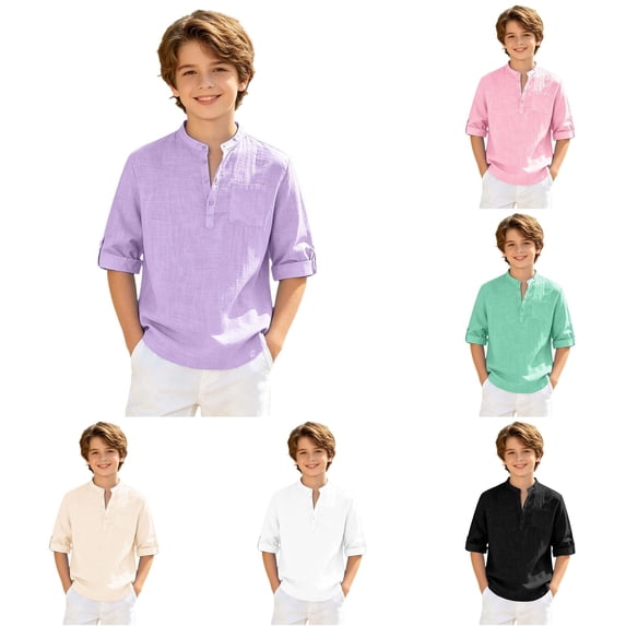 SGMVNU Boys Linen Shirt Roll up Long Sleeve Button Down Blouse Loose Fit Lightweight Tops with Chest Pocket, Size 5-6 Years, Purple