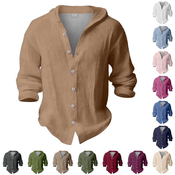 SGMVNU Boys' Long Sleeve Linen Shirt Button Down Shirts Hoodie Lightweight Soild Color School Uniform Top, Size 12-13 Years, Khaki