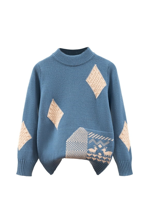 Boys' Long Sleeve Sweater Pullover Cotton Color Block Geometric Pattern Stripe Sweaters Fall Winter Soft Warm Knitwear Tops(Size 5-6 Years,Blue)