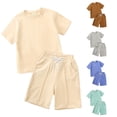 thumbnail image 1 of SGMVNU Boys Shorts Set Soft Cotton Short Sleeve Shirt and Matching Casual Shorts Solid Color 2 Piece Summer Outfits, Size 1-2 Years, Khaki, 1 of 9